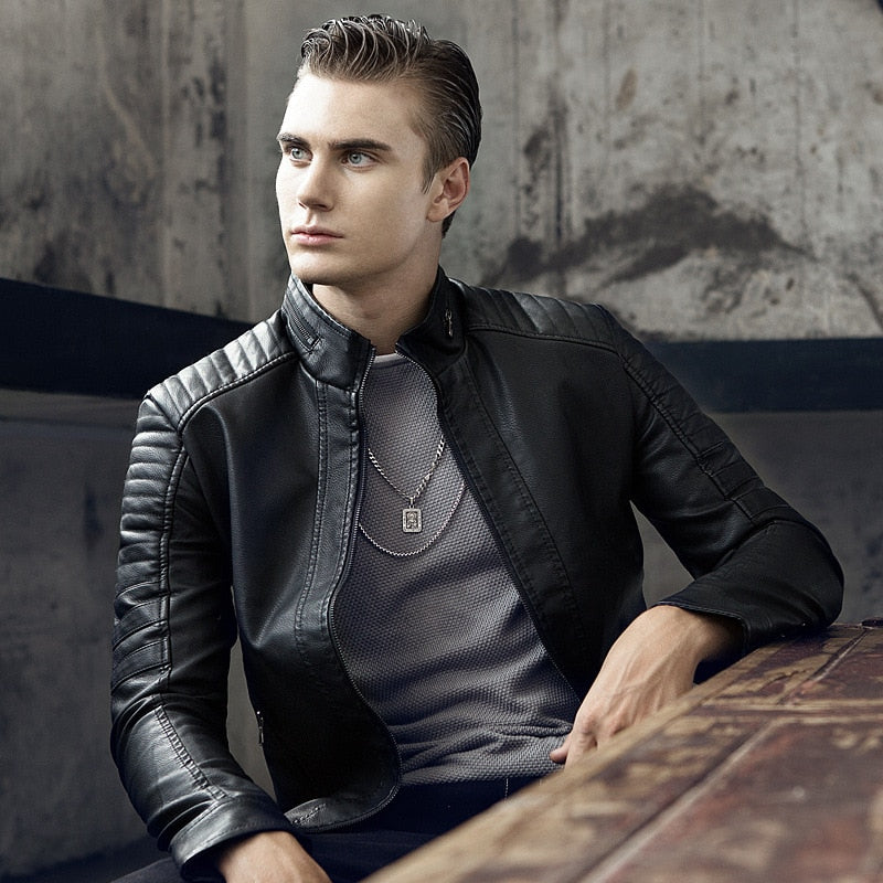 CustOmerS 2019 Otoño Nuevos hombres Casual Moda Stand Collar Slim Chaqueta de cuero Slim Slim Color Chaqueta de cuero Hombres