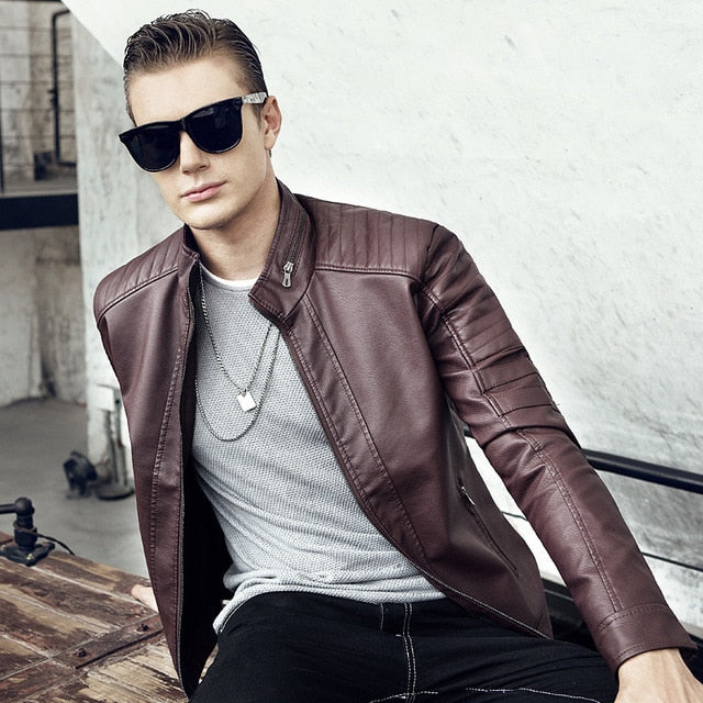 CustOmerS 2019 Otoño Nuevos hombres Casual Moda Stand Collar Slim Chaqueta de cuero Slim Slim Color Chaqueta de cuero Hombres
