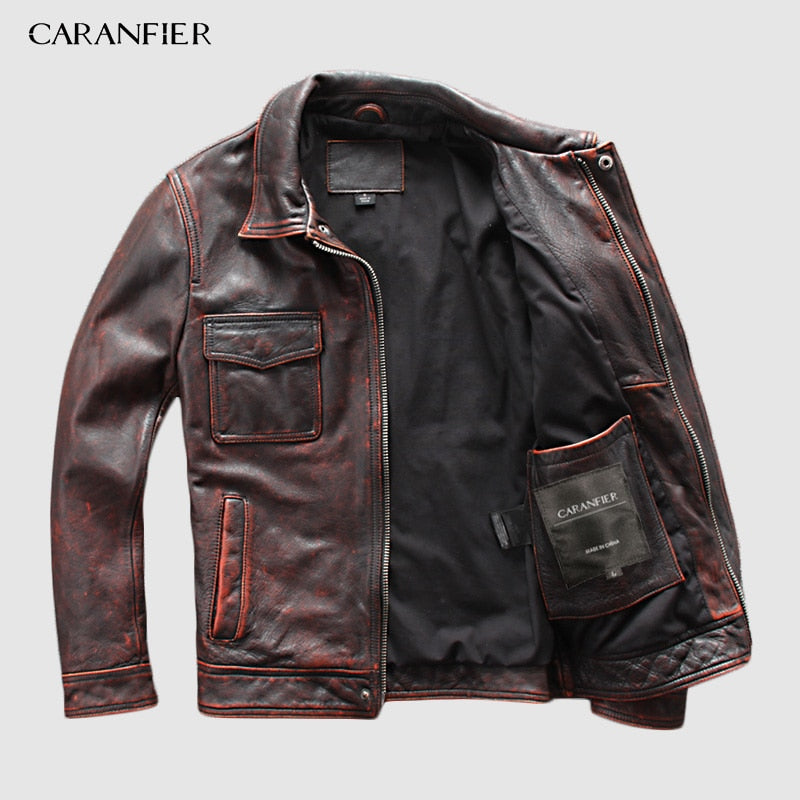 CARANFIER DHL Free Shipping Mens 100% Cowhide Chaqueta de cuero genuino Chaqueta de cuero de motocicleta retro antigua de alta calidad 3XL
