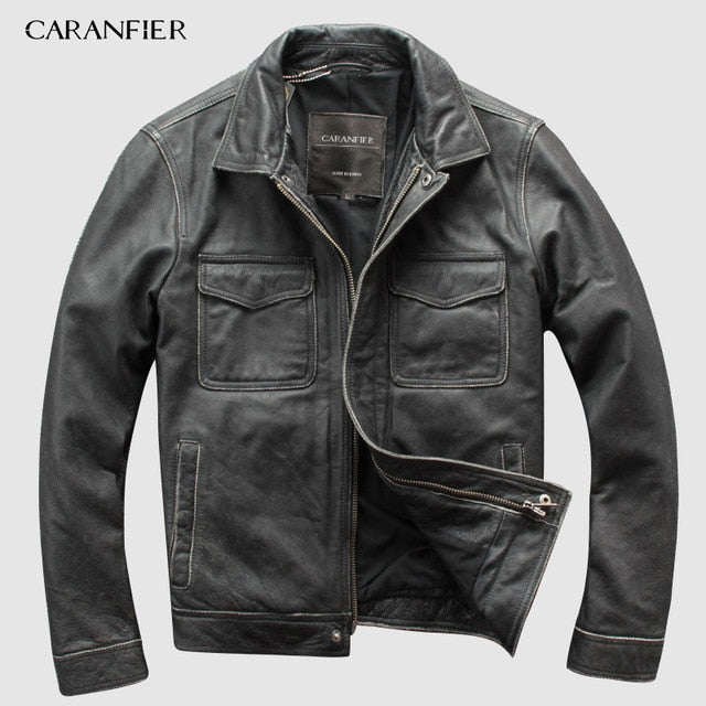 CARANFIER DHL Free Shipping Mens 100% Cowhide Chaqueta de cuero genuino Chaqueta de cuero de motocicleta retro antigua de alta calidad 3XL