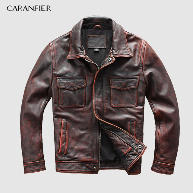CARANFIER DHL Free Shipping Mens 100% Cowhide Chaqueta de cuero genuino Chaqueta de cuero de motocicleta retro antigua de alta calidad 3XL