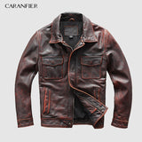 CARANFIER DHL Free Shipping Mens 100% Cowhide Chaqueta de cuero genuino Chaqueta de cuero de motocicleta retro antigua de alta calidad 3XL