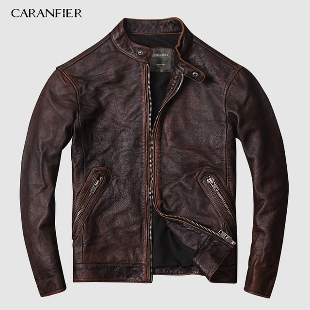 CARANFIER DHL Free Shipping Mens 100% Cowhide Chaqueta de cuero genuino Chaqueta de cuero de motocicleta retro antigua de alta calidad 3XL