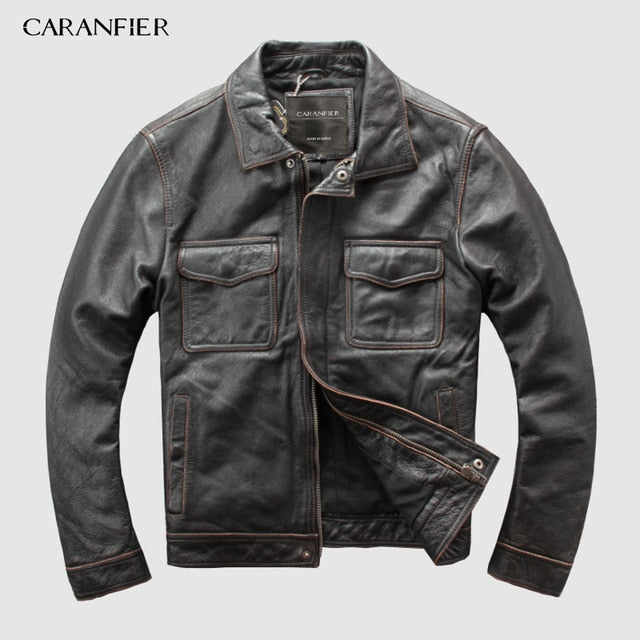 CARANFIER DHL Free Shipping Mens 100% Cowhide Chaqueta de cuero genuino Chaqueta de cuero de motocicleta retro antigua de alta calidad 3XL