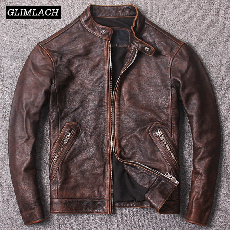Nuevo Otoño Vintage Marrón Abrigos de cuero genuino de vaca Hombres Piel de vaca Piel de vaca Slim Real Chaquetas de moto Moda Chaqueta de motorista