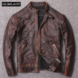 Nuevo Otoño Vintage Marrón Abrigos de cuero genuino de vaca Hombres Piel de vaca Piel de vaca Slim Real Chaquetas de moto Moda Chaqueta de motorista