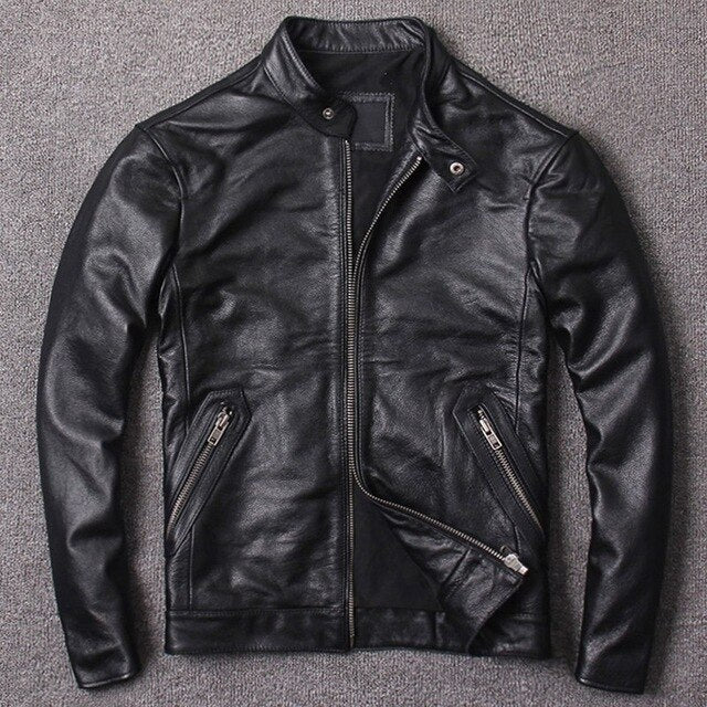 Nuevo Otoño Vintage Marrón Abrigos de cuero genuino de vaca Hombres Piel de vaca Piel de vaca Slim Real Chaquetas de moto Moda Chaqueta de motorista