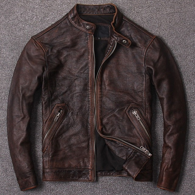 Nuevo Otoño Vintage Marrón Abrigos de cuero genuino de vaca Hombres Piel de vaca Piel de vaca Slim Real Chaquetas de moto Moda Chaqueta de motorista