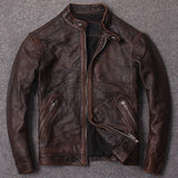 Nuevo Otoño Vintage Marrón Abrigos de cuero genuino de vaca Hombres Piel de vaca Piel de vaca Slim Real Chaquetas de moto Moda Chaqueta de motorista