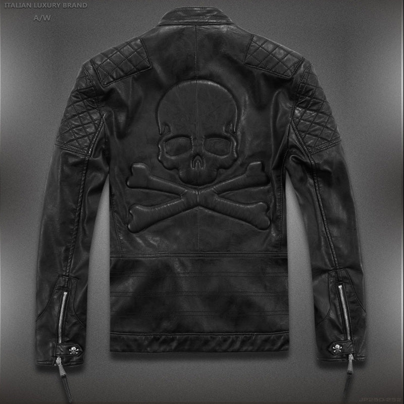 Caliente ! Chaquetas de cuero de la nueva moda de primavera de alta calidad para hombres, chaquetas de cuero para hombres, chaquetas de cuero de la motocicleta de la marca cráneo M-5XL